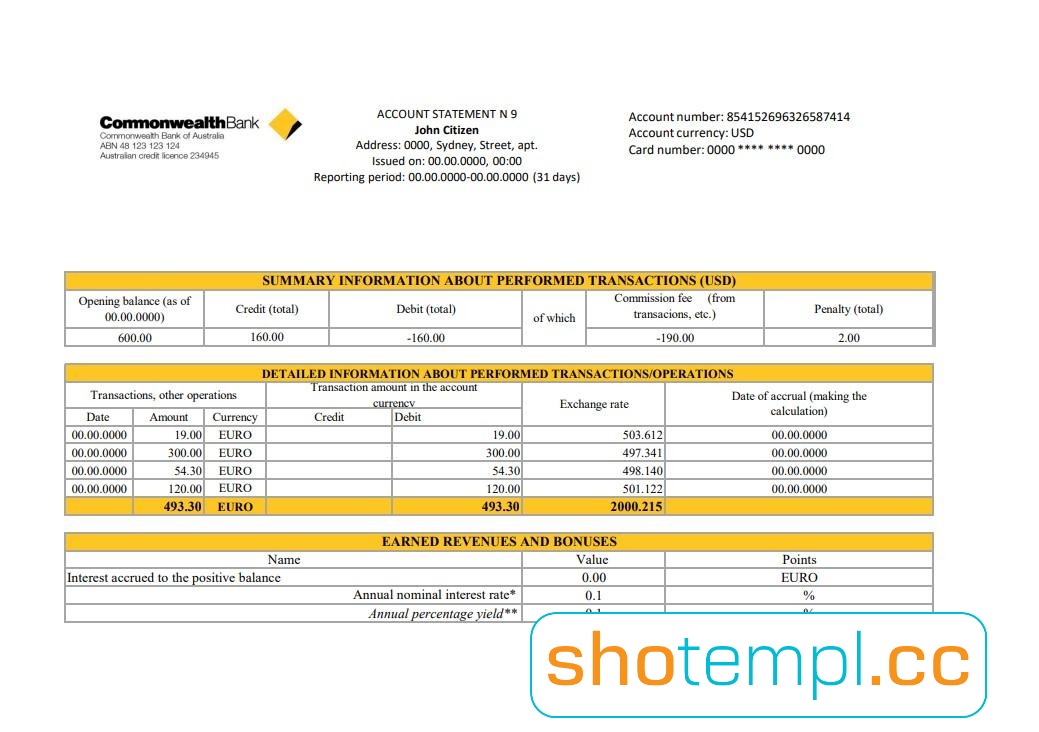 Commonwealth Bank Statement Template in PDF Format